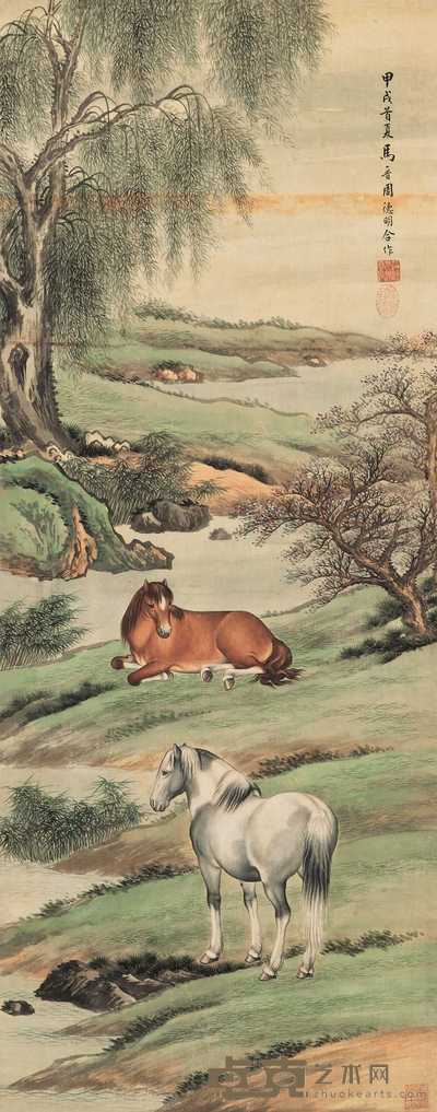 马晋 周德明 1934年作 双骏图 立轴 81×32cm